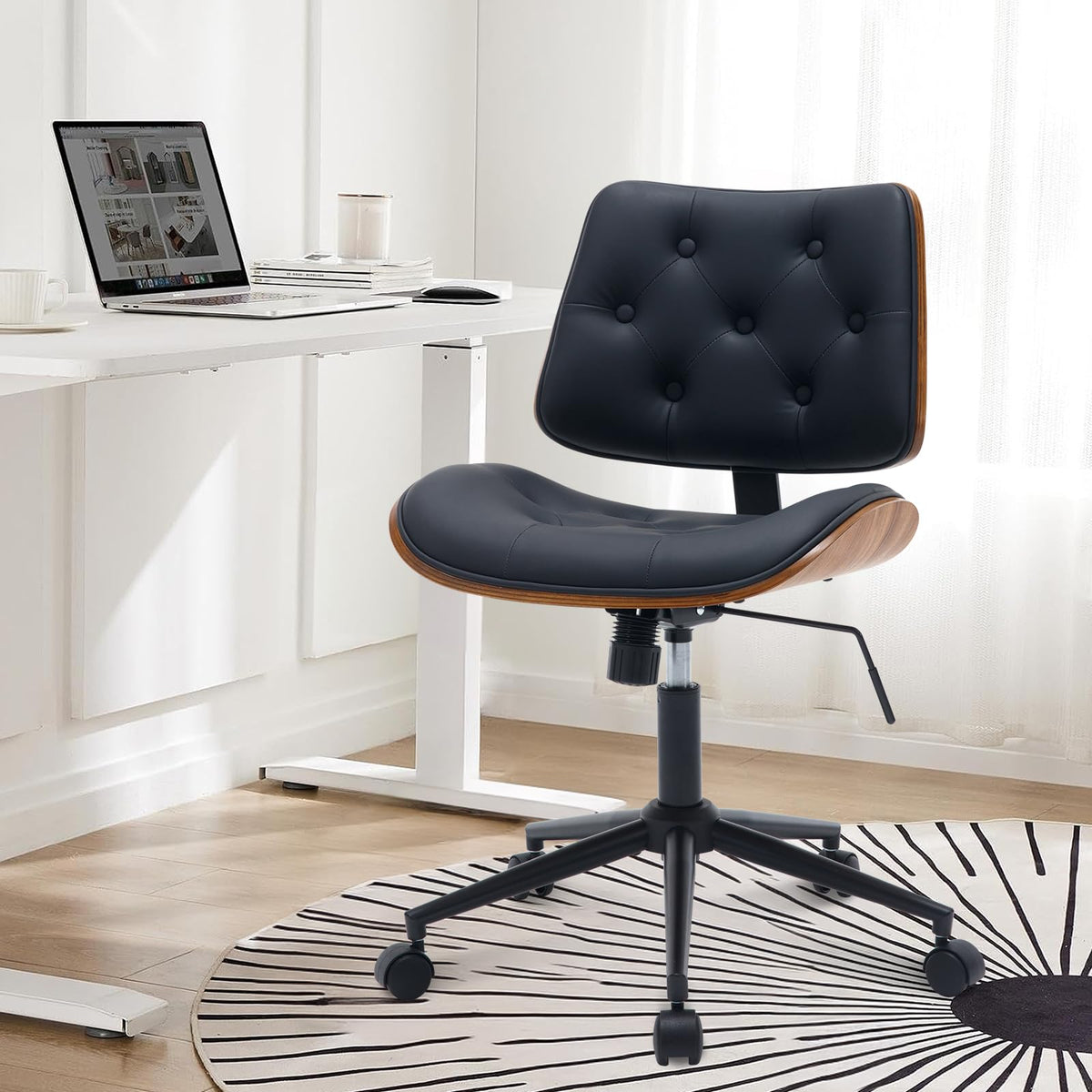BV Armless Desk Chair with Wheels, 360 Swivel Home Office Chair No Arms, Height Adjustable Task Chair for Small Space, PU Leather Office Chair, Rolling Chair for Reading Room, Conference Room, Black