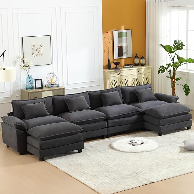 154" Modular Sectional Sofa, Comfy Cloud Couch Sectional Sofa with Ottoman, Velvet Sofa Sleeper Deep Seat Sofa with Throw Pillows for Living Room (Blue Gray, 154"- U Shape)