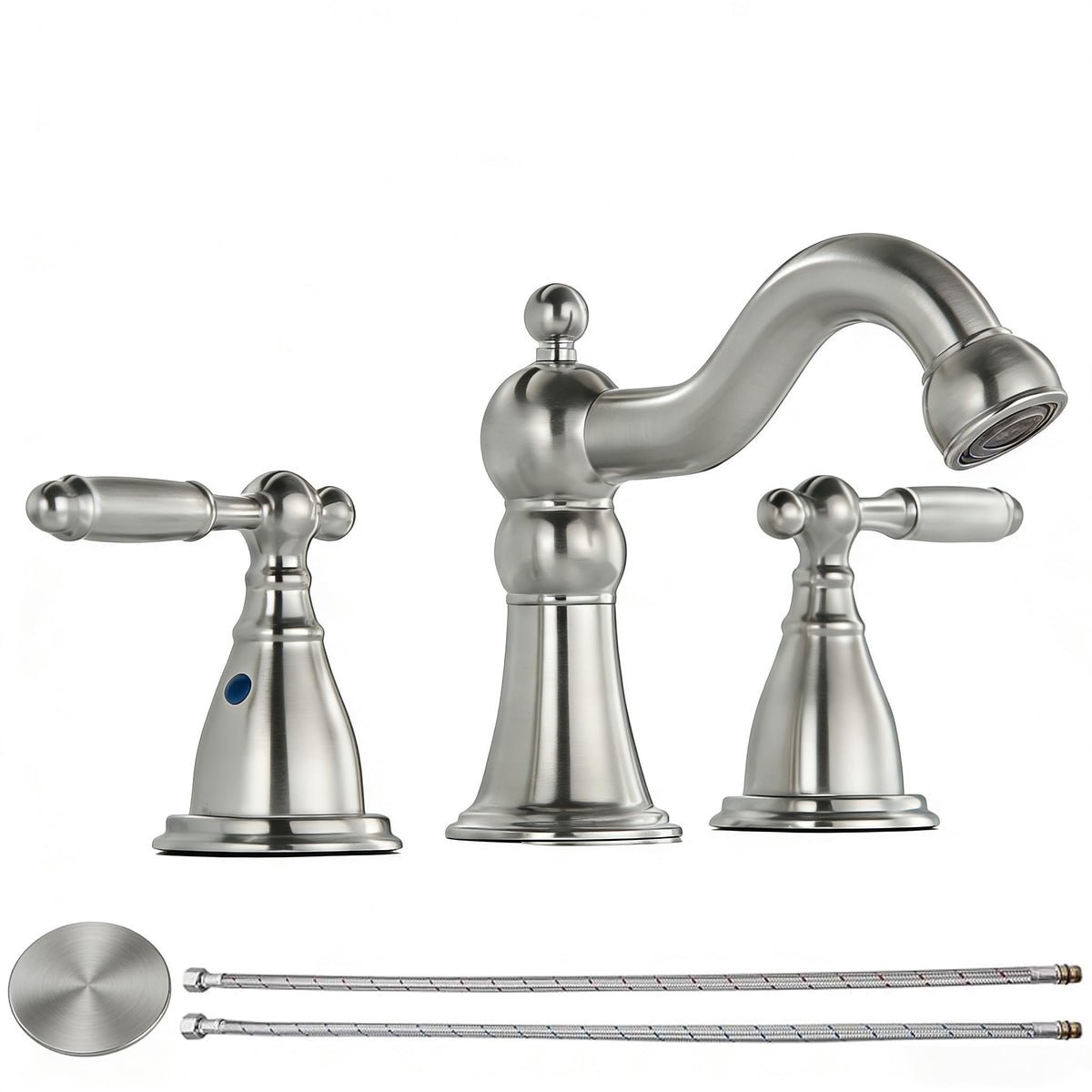 RKF Bathroom Faucets for Sink 3 Brushed Nickel 8 inch Widespread Bathroom Sink Faucet with Drain Double Lever Handle Faucet Bathroom Vanity Faucet Basin Mixer Tap WF013-BN
