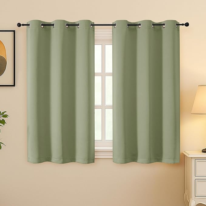 Simplebrand Sage Green Room Darkening Curtains for Bedroom 45 Inches Long 2 Panels Set, Sunlight Blocking Curtains for Small Windows, Grommet Energy Saving Thermal Insulated Short Drapes, 40Wx45L