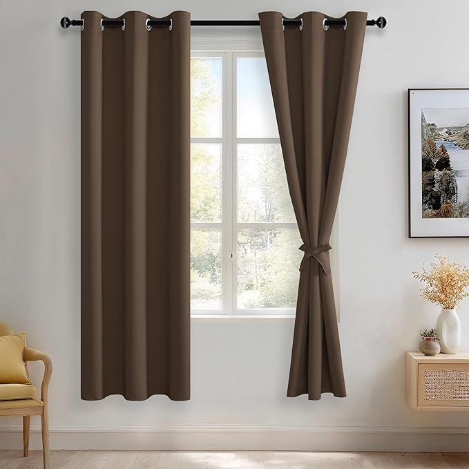 JIUZHEN Brown Blackout Curtains with Tiebacks - Thermal Insulated, Light Blocking and Noise Reducing Grommet Curtains for Bedroom and Living Room, Set of 2 Window Curtain Panels, 42 x 72 Inch Length