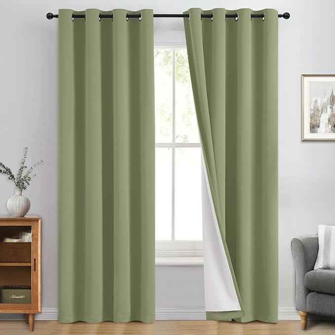 Yakamok 100% Blackout Curtain Panels 96 inches Cold and Light Blocking Drapes for Nursery, 2 Thick Layers Thermal Insulated Draperies (2 Pieces, 50 Wide Each Panel, Sage Front with White Backing)