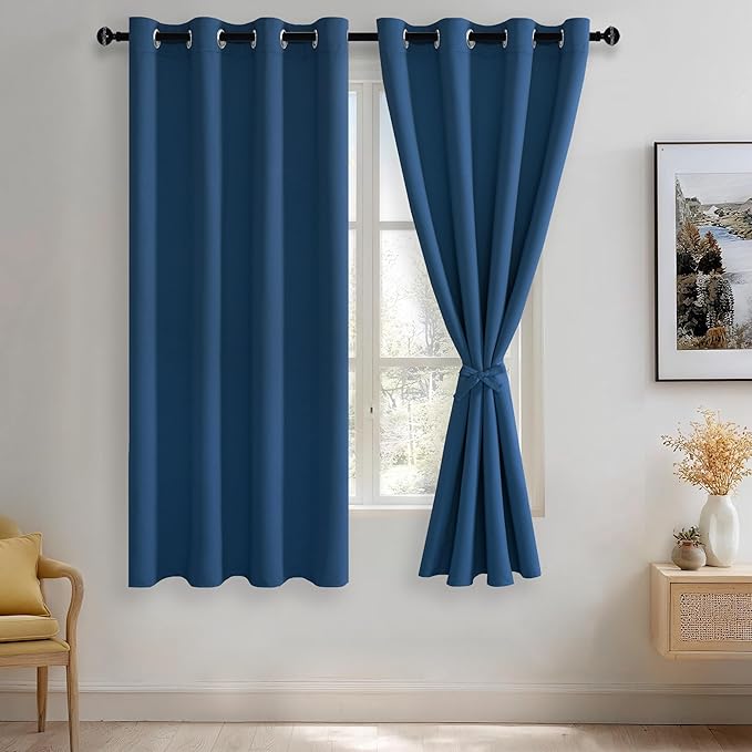 JIUZHEN Blackout Curtains with Tiebacks-Thermal Insulated, Light Blocking/Noise Reducing Grommet Curtain for Bedroom/Living Room, Set of 2 Window Curtain Panels, 52x63 Inch Length, Classic Blue