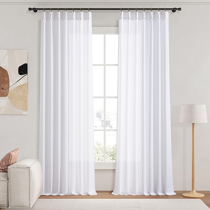 Pinch Pleated 86 Inches White Curtains Linen, Memory Trained Shaped Pleat Drapes for Bedroom and Living Room Light Filtering Privacy Window Treatments Long Curtain 2 Panels 7-1/2 FT