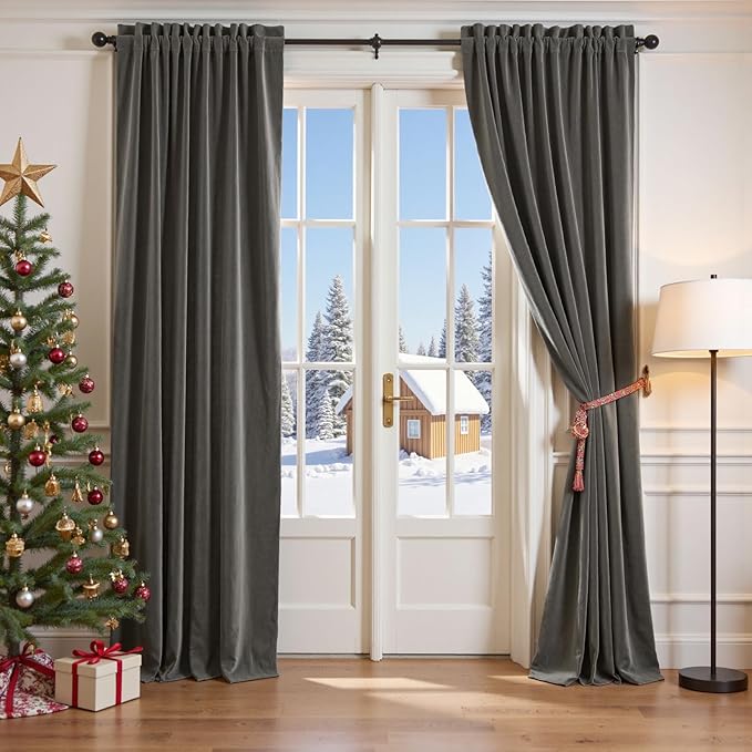 Lazzzy Velvet Blackout Curtains Thermal Insulated Room Window Drapes Super Soft Luxury Curtains for Living Room Bedroom Rod Pocket 2 Panels, Grey, 62" W x 108" L