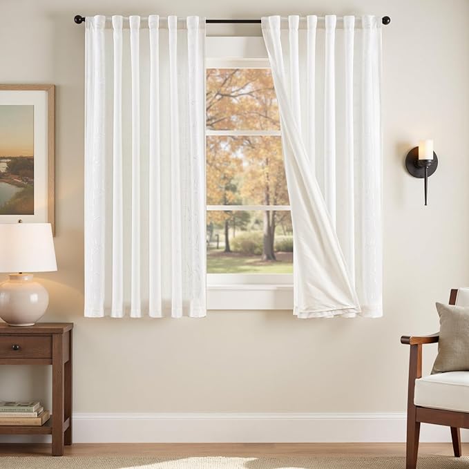 jinchan Winslow Lined Linen Curtains for Bedroom 63 Inches Linen Blended Embroidered Bordered Floral Curtains for Living Room Farmhouse Decor Window Treatments White on White Drapes 2 Panels