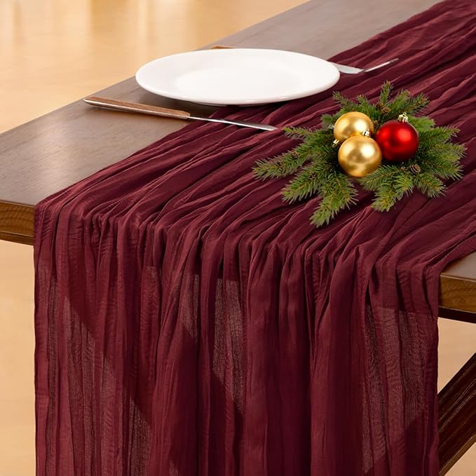 Socomi Burgundy Red Christmas Table Runner Cheesecloth Boho Rustic Gauze 120 inch 10FT Cheese Cloth Runner for Wedding Party Baby Shower Birthday Home Decor Holiday Decorations