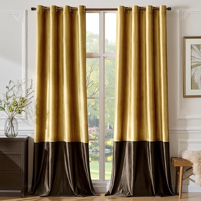 BULBUL Color Block Window Curtains Panels 108 inches Long Gold Brown Velvet Farmhouse Drapes for Bedroom Living Room Darkening Treatment with Grommet Set of 2