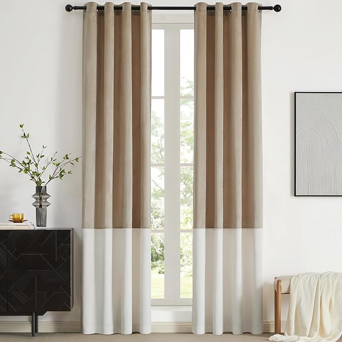 BULBUL Champagne Cream Ivory Color Block Window Curtains Panels 120 inches Long Velvet Farmhouse Drapes for Bedroom Living Room Darkening Treatment with Grommet Set of 2