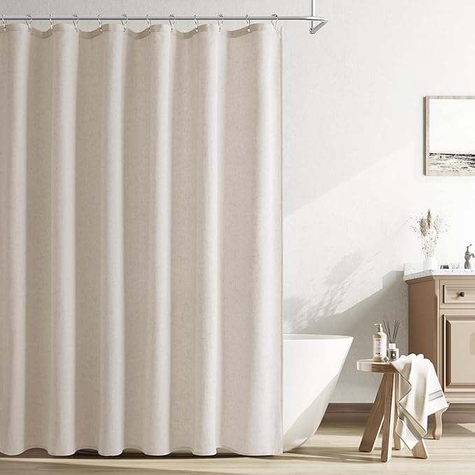 Naturoom Oatmeal Linen Shower Curtain, Cloth Textured Fabric Shower Curtain Set with Hooks, Simple Elegant Modern Farmhouse Country Ultra Thick Bath Curtains for Bathroom,Water Repellent,72x90