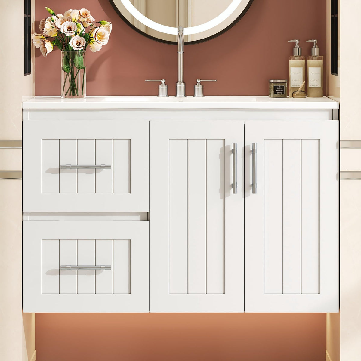 SUHYNIN 36" Solid Wood & MDF Modern Bathroom Vanity, Floating Bathroom Vanity with Adjustable Shelf, Bathroom Cabinet with Easy-Clean Ceramic Sink for Bathroom, White