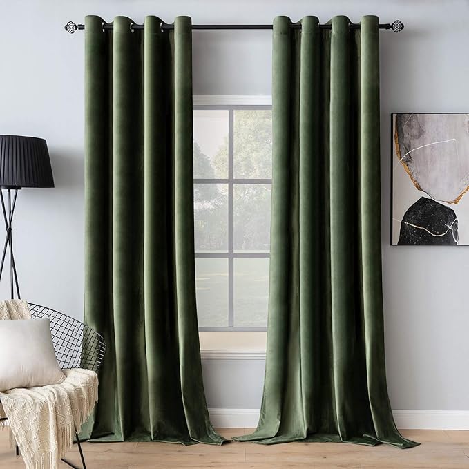 MIULEE Velvet Curtains Olive Green Extra Long Elegant Grommet Curtains Thermal Insulated Soundproof Room Darkening Curtains/Drapes for Classical Living Room Bedroom Decor 52 x 132 Inch Set of 2