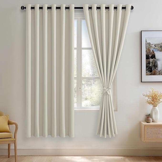 JIUZHEN Ivory Blackout Curtains with Tiebacks - Thermal Insulated, Light Blocking and Noise Reducing Grommet Curtains for Bedroom and Living Room, Set of 2 Window Curtain Panels, 70 x 72 Inch Length