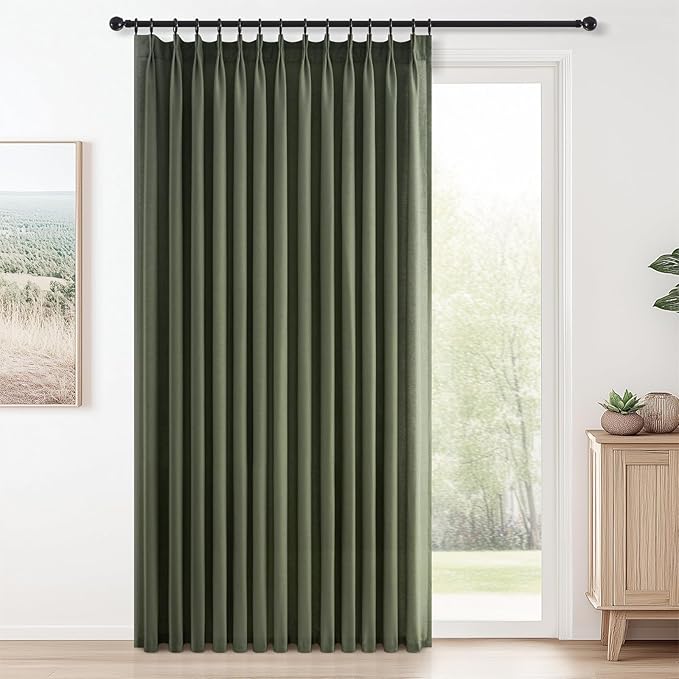 Topfinel Olive Green Pinch Pleated Linen Curtains 84 Inch Length 1 Panels for Bedroom Living Room Textured Semi Sheer Window Curtain Boho Neutral Back Tab Pinch Pleat Drape with Hooks 84 Inches Long