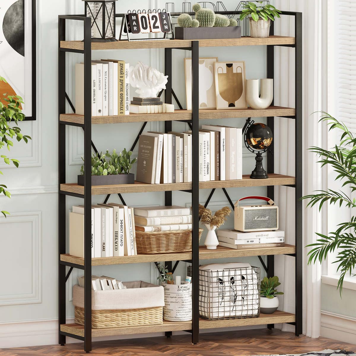 FATORRI Bookshelf, 5 Tier Industrial, 51 Inch Wide 69 Inch Tall Etagere Bookcase, Rustic Wood and Metal Book Shelf with Large Open Shelving Unit for Home Office Living Room (Rustic Oak)