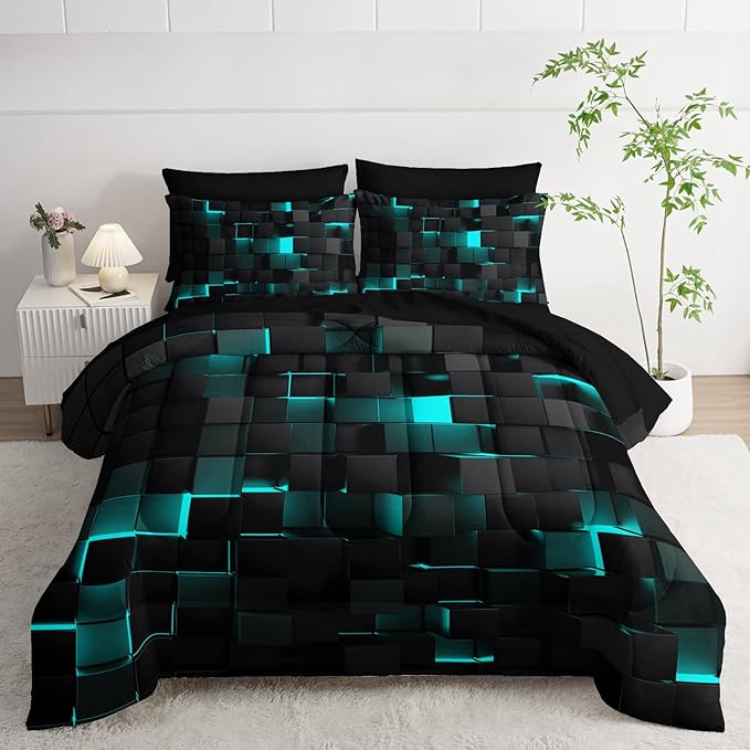 Geometric Turquoise Black Full Comforter Set,Light Honeycomb Bedding Set 7 Piece in A Bag,Bed Sheet Set Geometry Decor,Microfiber Lightweight All Season