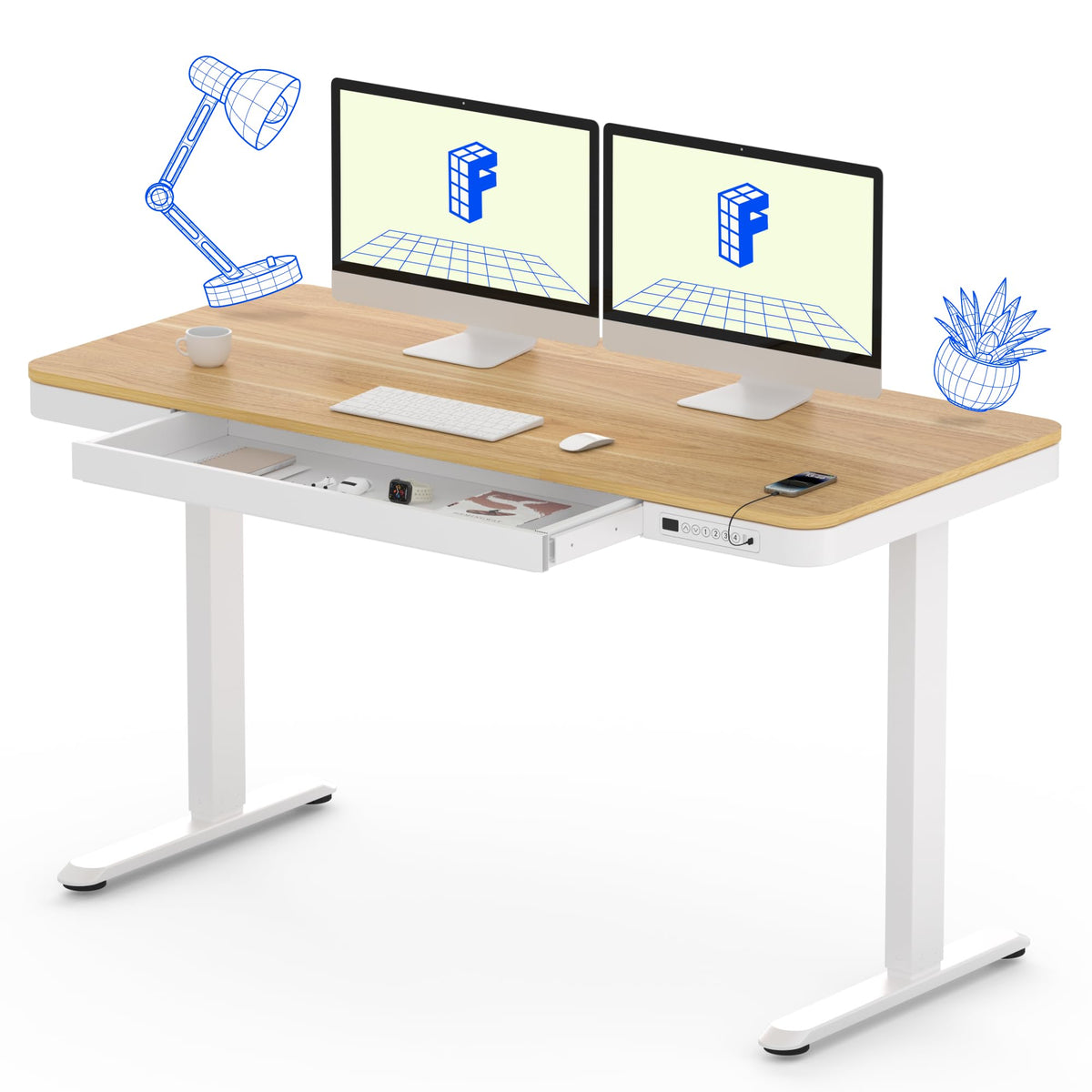 FLEXISPOT Comhar 55" Electric Standing Desk with Drawers, USB Charging Ports, Quick Assembly, Height Adjustable Sit Stand Computer Desk with Child Lock for Scandinavian Home Office, Maple