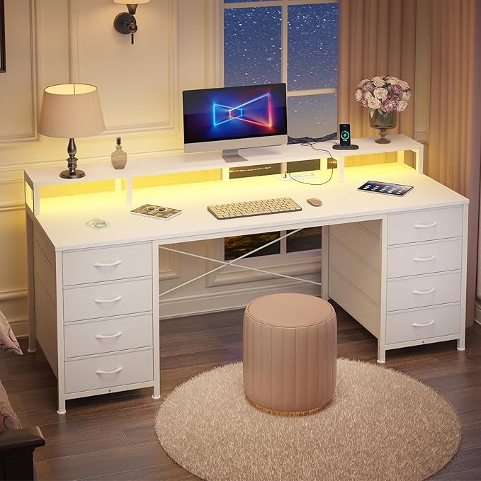 60 Inch Computer Desk with 8 Fabric Drawers, Gaming Desk with LED Lights & Power Outlets, Home Office Desk with Monitor Stand, White