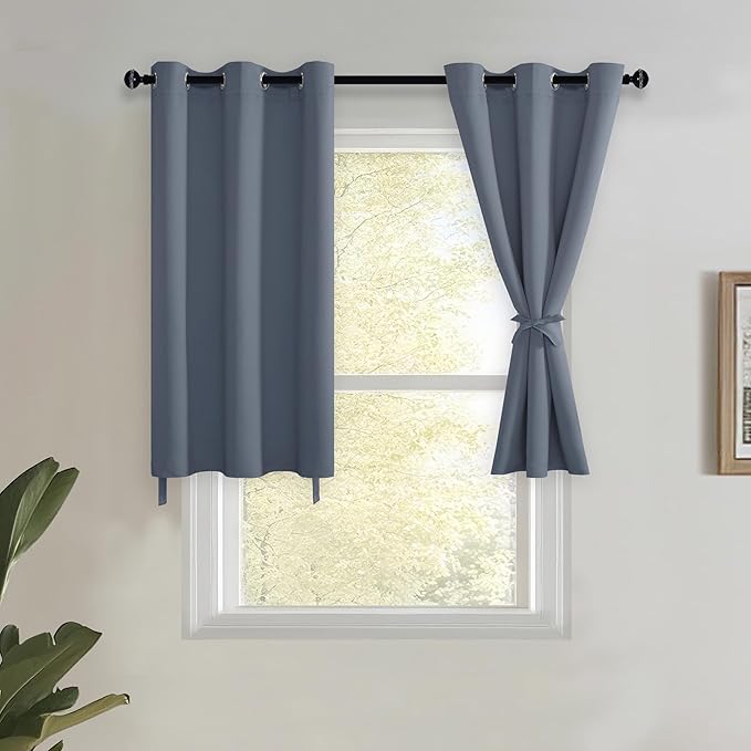 JIUZHEN Short Curtains Kitchen Half Window Blackout Curtains with Tiebacks for Baseroom Shadows, Grommet Curtains for Living Room, Set of 2 Window Curtain Panels, 42 x 36 Inch Length，Dusty Blue