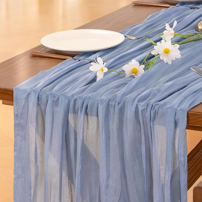 Socomi 10pcs Dusty Blue Christmas Cheesecloth Table Runner Boho Rustic Gauze 120 inch 10FT Cheese Cloth Runner for Wedding Party Baby Shower Birthday Home Decor Holiday Decorations