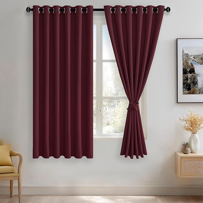JIUZHEN Burgundy Blackout Curtains with Tiebacks Thermal Insulated, Light Blocking and Noise Reducing Grommet Curtains for Bedroom and Living Room, Set of 2 Window Curtain Panels, 70 x 63 Inch Length