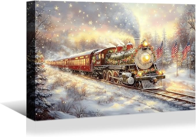 YONICA Christmas Wall Decor Christmas Canvas Wall Art Home Decorations 36x24 Inches - Christmas Pictures Christmas Train with Flags Prints Winter Painting Xmas Artworks for Living Room Bedroom