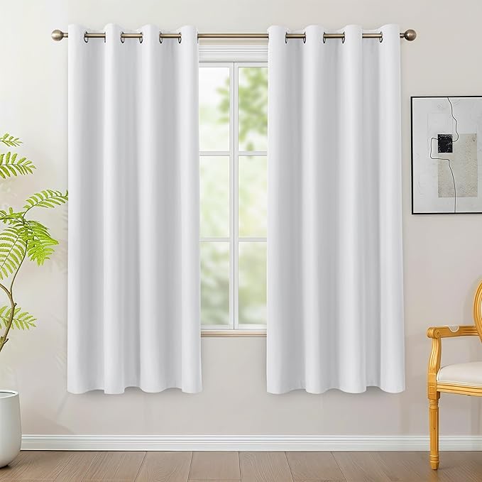 BONZER 100% Blackout Curtains 4 Panels - Thermal Insulated Light Blocking Window Drapes 63 Inch Length, Single Layer Grommet Curtain with Black Laminated Backing for Bedroom/Living Room, Pure White