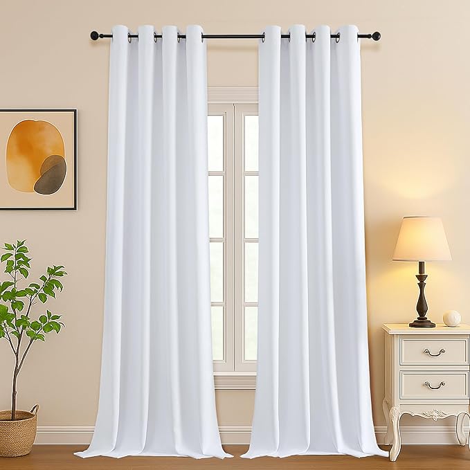 Simplebrand Pure White Extra Long 10ft Curtains for Patio 120 Inches Long 2 Panels Set, Light Filtering Light Blocking Solid Thermal Insulated Energy Saving Grommet Noise Reducing Curtains, 50 Wx120 L