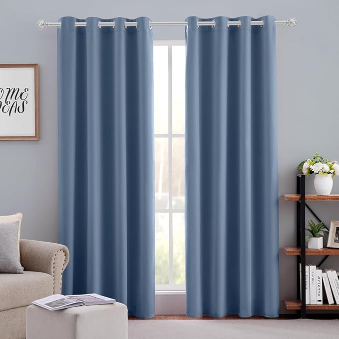 HOMEIDEAS Stone Blue Blackout Curtains 52 X 96 inches Long 2 Panels Room Darkening Bedroom Window Curtains, Grommet Fall Curtains for Living Room