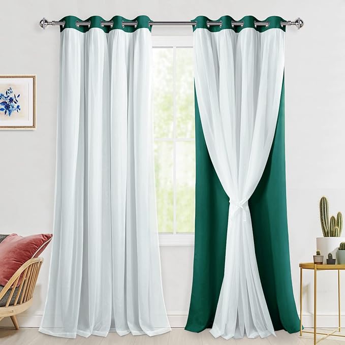 Hiasan Blackout Curtains with Sheer Overlay, Mix Match Thermal Insulated Sun Blocking Grommet Window Curtains for Christmas,Living Room,Kids Room, 2 Drape Panels with Tiebacks, Hunter Green, 52W X 96L