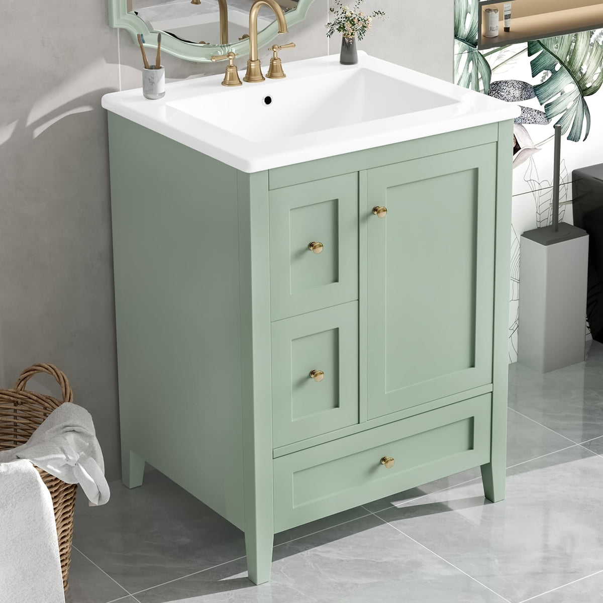 24 Inch Freestanding Bathroom Vanity with Sink and Gold Handles, Green