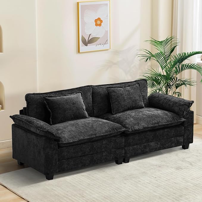 86" Modular Sectional Sofa, Comfy Cloud Couch Sectional Sofa with Ottoman, Chenille Sofa Sleeper Deep Seat Sofa with Throw Pillows for Living Room (Black, 86"- Loveseat)