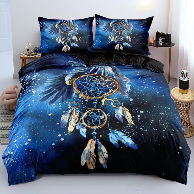 Blue Dream Catcher Twin Duvet Cover Boho Style – Bohemian Bedding Set with Tribal Print – Soft Microfiber Boho Comforter Cover for Bedroom Décor