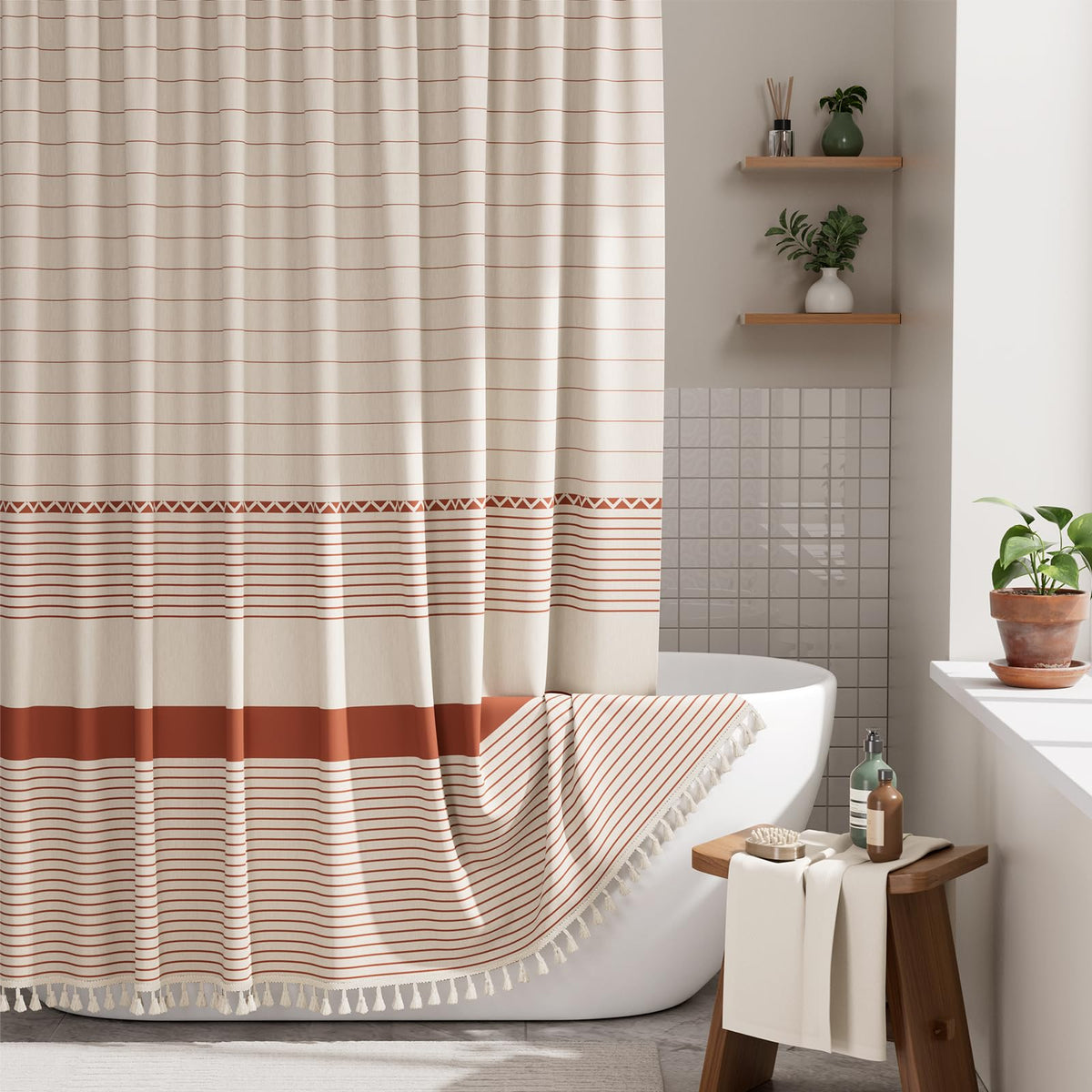 AmazerBath Boho Shower Curtain, Modern Farmhouse Shower Curtain Set with Tassels, Rustic Faux Linen Terracotta Striped Shower Curtain with Hooks, Light Tan Toned, 72x72 Inches