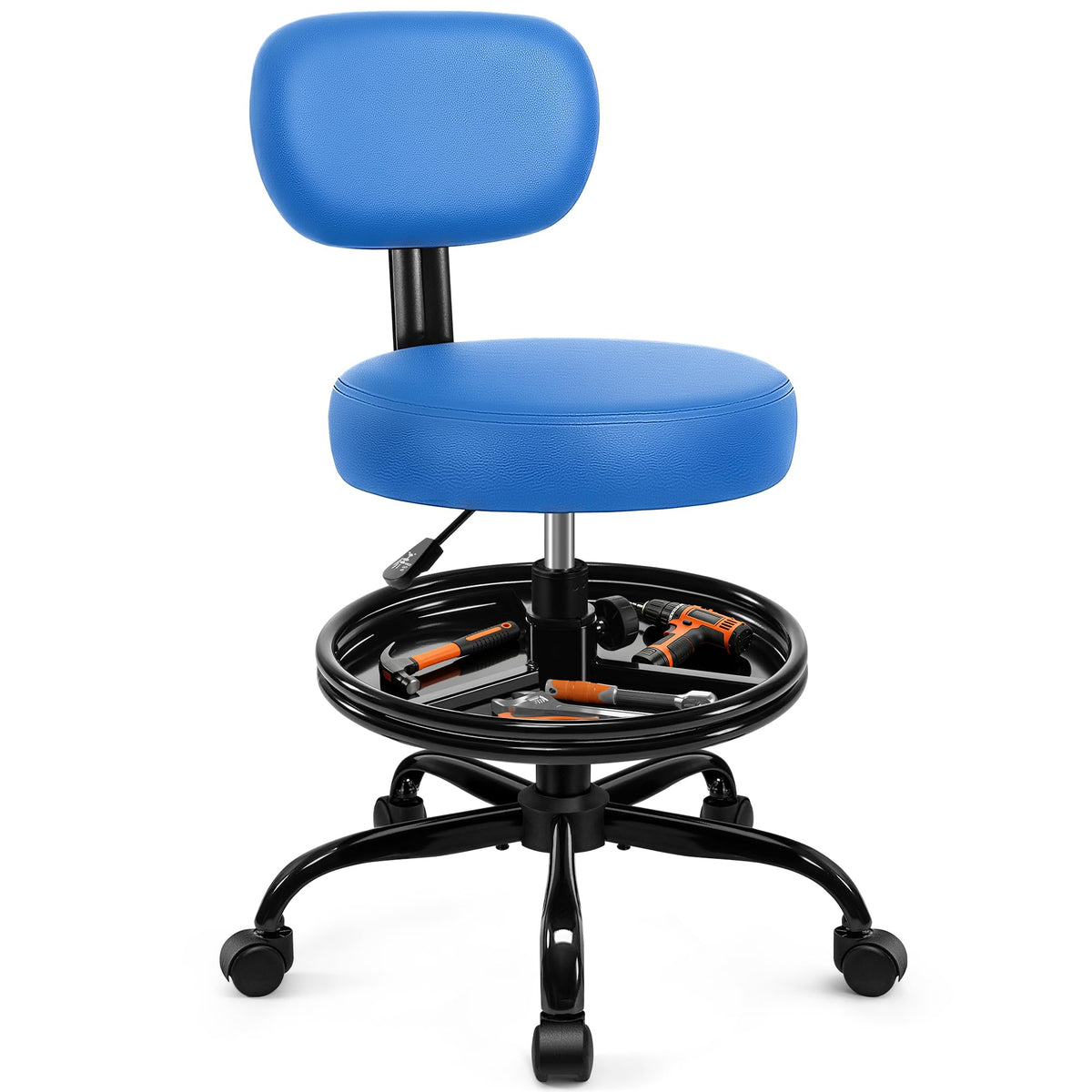 Shop Stool with Wheels for Garage, Mechanics Rolling Chair with Backrest, Adjustable Height Heavy Duty Garage Stool with Footrest and Storage Tray, Swivel Task Chair for Workshop Kitchen Salon (Blue)