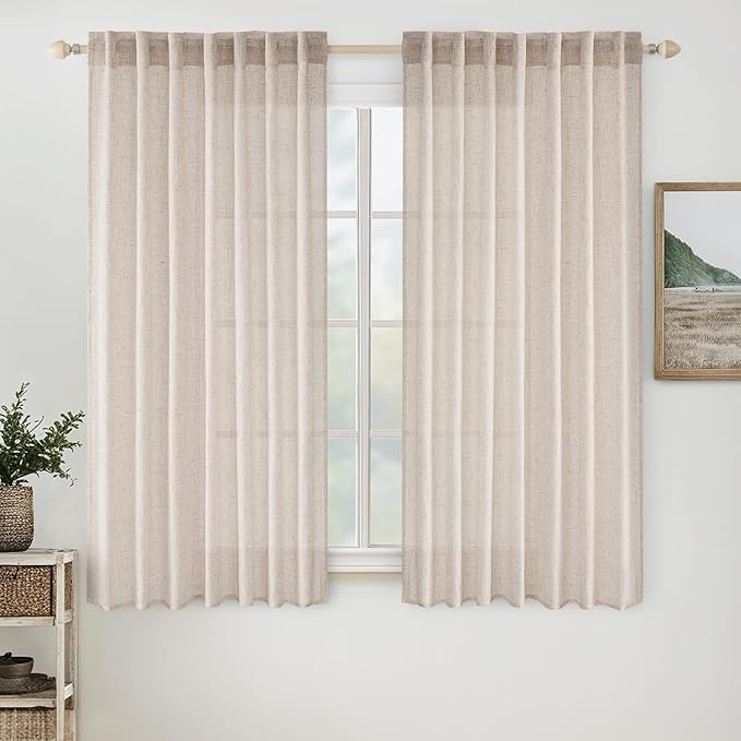 MIULEE Natural White Linen Curtains 64 Inch Length 2 Panels for Bedroom Living Room, Soft Thick Linen Textured Window Drapes Semi Sheer Light Filtering Back Tab Rod Pocket Burlap Look Decor
