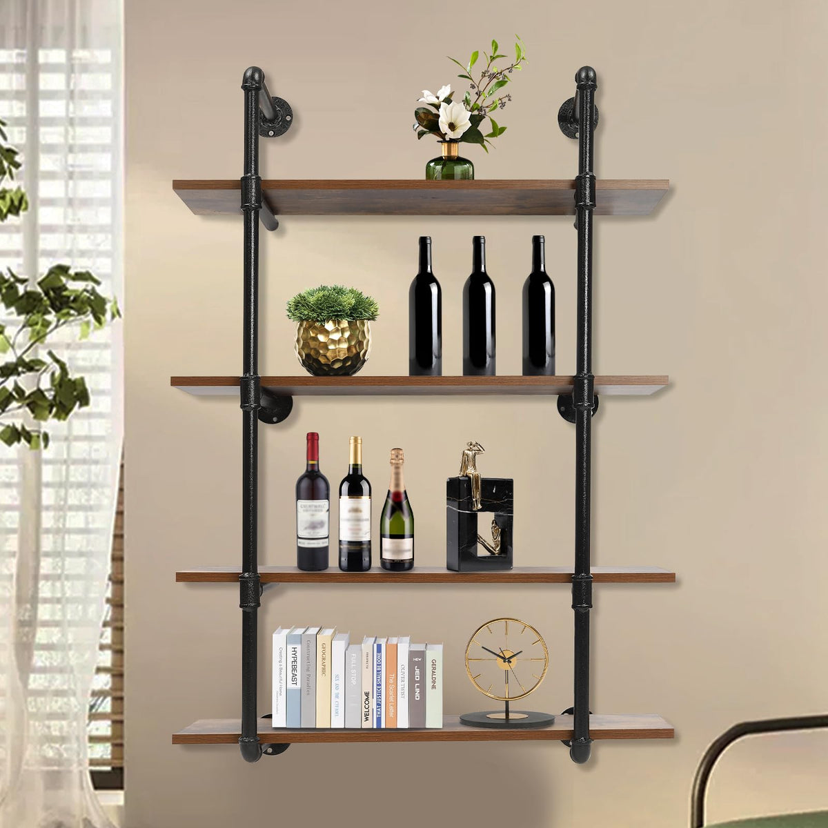 4 Tier Industrial Pipe Shelving Wall Mounted, Rustic Metal Floating Shelves, Real Wood Book Shelves, Wall Shelf Unit Bookshelf Hanging Wall Shelves, Farmhouse Kitchen Bar Shelving (30*9.8*43.2 inch)