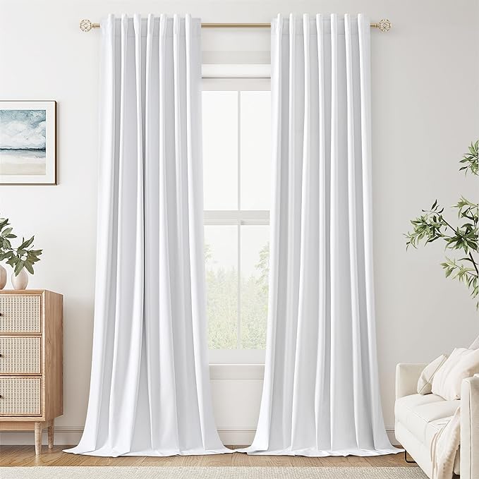 Guken White Linen Blackout Curtains 105 Inch Length 2 Panels Set for Living Room Bedroom Back Tab Thermal Insulated 100% Black Out Linen Drapes Room Darkening Window Curtains Pure White