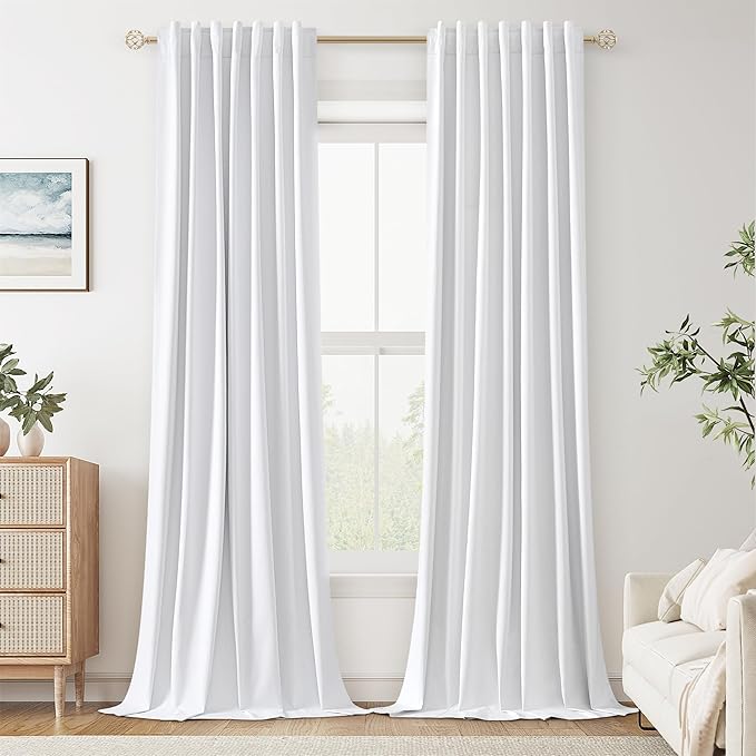 Guken White Linen Blackout Curtains 100 Inch Length 2 Panels Set for Living Room Bedroom Back Tab Thermal Insulated 100% Black Out Linen Drapes Room Darkening Window Curtains Pure White