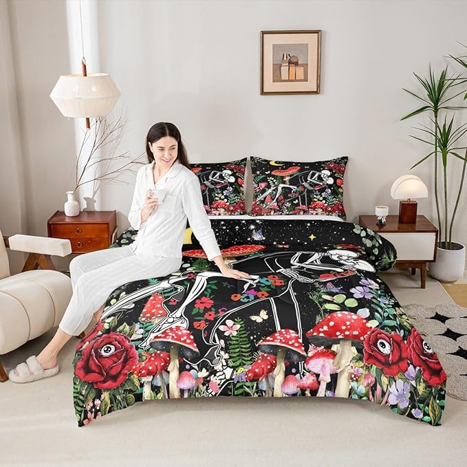 Mushroom Kids Comforter Set King Size,Sun Moon Starry Sky Romantic Bedding Set,Boys Girls Adults Room Decor,Butterfly Skeleton Flowers Boho Down Comforter,Red Trippy Duvet Insert,2 Pillowcases