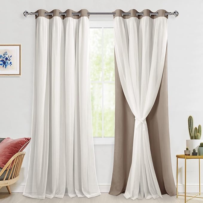 Hiasan Blackout Curtains with White Sheer Overlay, Mix & Match Double Layer Thermal Insulated Grommet Window Curtains for Bedroom, Living Room, Nursery, 2 Drape Panels with Tiebacks, Camel, 52W X 96L