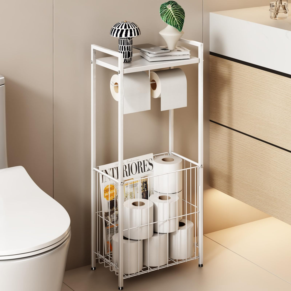 VOLDRA Toilet Paper Holder Stand with Storage Shelf, Free Standing Toilet Paper Roll Holder with Large Basket Heavy Duty Floor Double Tissue Dispenser for Bathroom Freestanding Tp Holder (Matte White)
