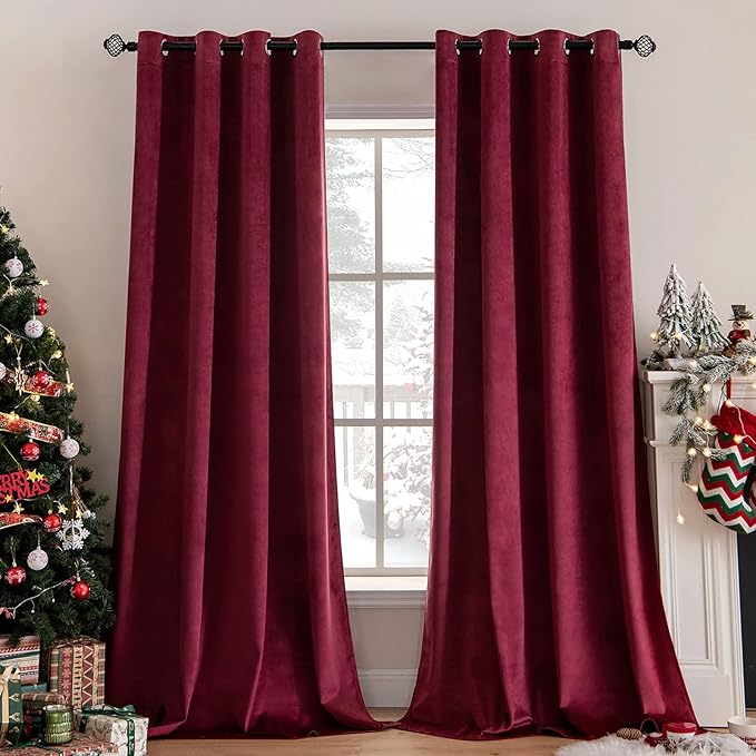 MIULEE Christmas Burgundy Velvet Curtains Solid Soft Red Blackout Curtain Grommet Top Thermal Soundproof Room Darkening Curtains/Drapes/Panels for Living Room Bedroom 52 x 90 Inch 2 Panels