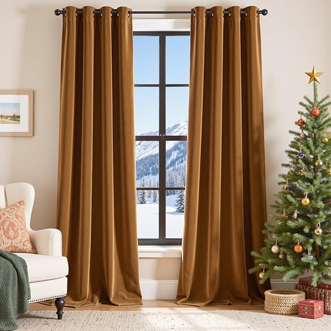 Lazzzy Blackout Velvet Curtains Gold Thermal Insulated Curtains 84 Inch Long for Bedroom Living Room Drapes Window Treatments Grommet Set of 2 Panels Gold Brown