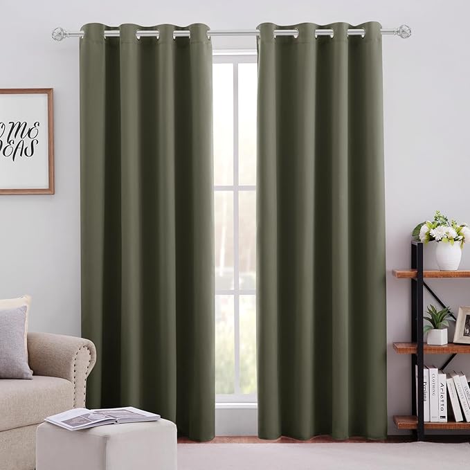 HOMEIDEAS Olive Green Blackout Curtains for Bedroom 52 X 84 Inch Length 2 Panels Set Room Darkening Curtains, Soundproof Thermal Grommet Window Drapes for Living Room for Christmas