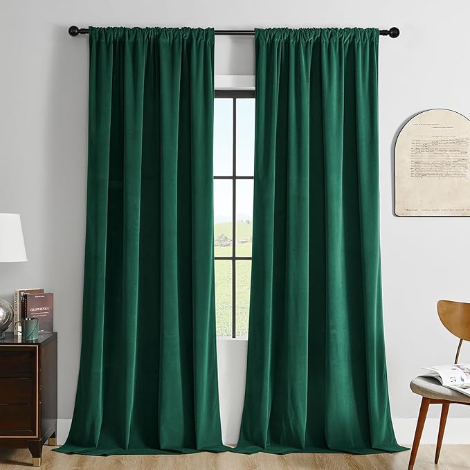 Joydeco Dark Green Velvet Curtains 63 inch Length 2 Panels Burg Set, Luxury Rod Pocket Thermal Insulated Window Blackout Curtain, Room Darkening Drapes for Living Dining Room Bedroom Privacy