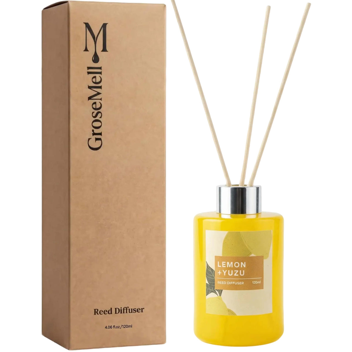 GroseMell Fresh Lemon Scented Reed Diffuser Set – 4.06 fl.oz (120ml) with Sticks, Natural Essential Oil Aromatherapy for Home, Bedroom & Bathroom Decor, Housewarming Gift