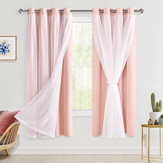 Hiasan Pink Blackout Curtains with Sheer Overlay Thermal Insulated Mix & Match Double Layer Room Darkening Window Curtains for Bedroom Living Room Nursery 2 Panels with Tiebacks (52W X 63L,Blush Pink)