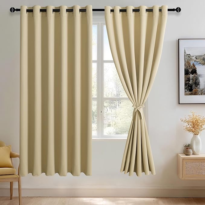 JIUZHEN Light Beige Blackout Curtains with Tiebacks - Thermal Insulated, Light Blocking and Noise Reducing Grommet Curtains for Bedroom and Living Room, Set of 2 Panels, 70 x 72 Inch Length