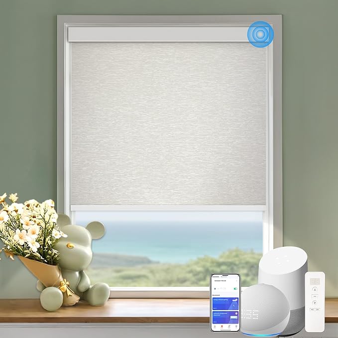 Motorized Blinds with Remote Cordless Automatic Motorized Shades Custom Blinds for Windows Smart Curtains Compatible with Alexa Google Home(Blackout Jacquard Beige,W28 x H72in)